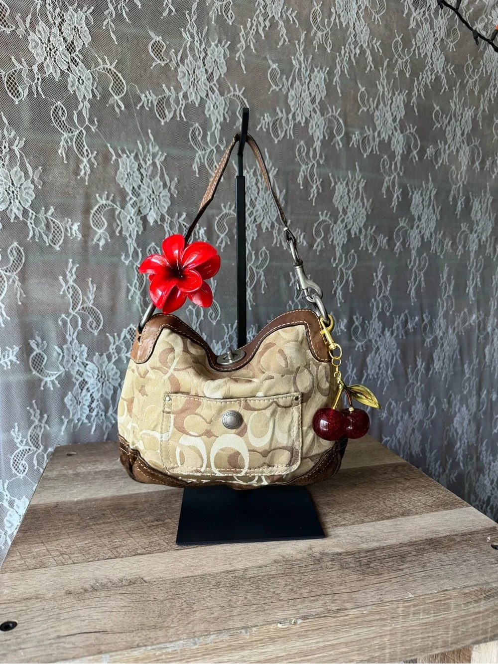 Coach Beige Signature Canvas Shoulder Bag with Brown Trim and Cherry Charm